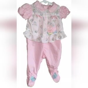 Vintage Mayfair Footed Romper 0-6 Month Kitten Cat Pink Lace Americana Peter Pan